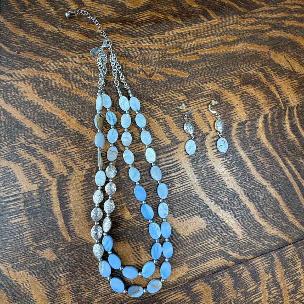 Blue Multi-Strand Stone Necklace and Earring Set - Unbranded